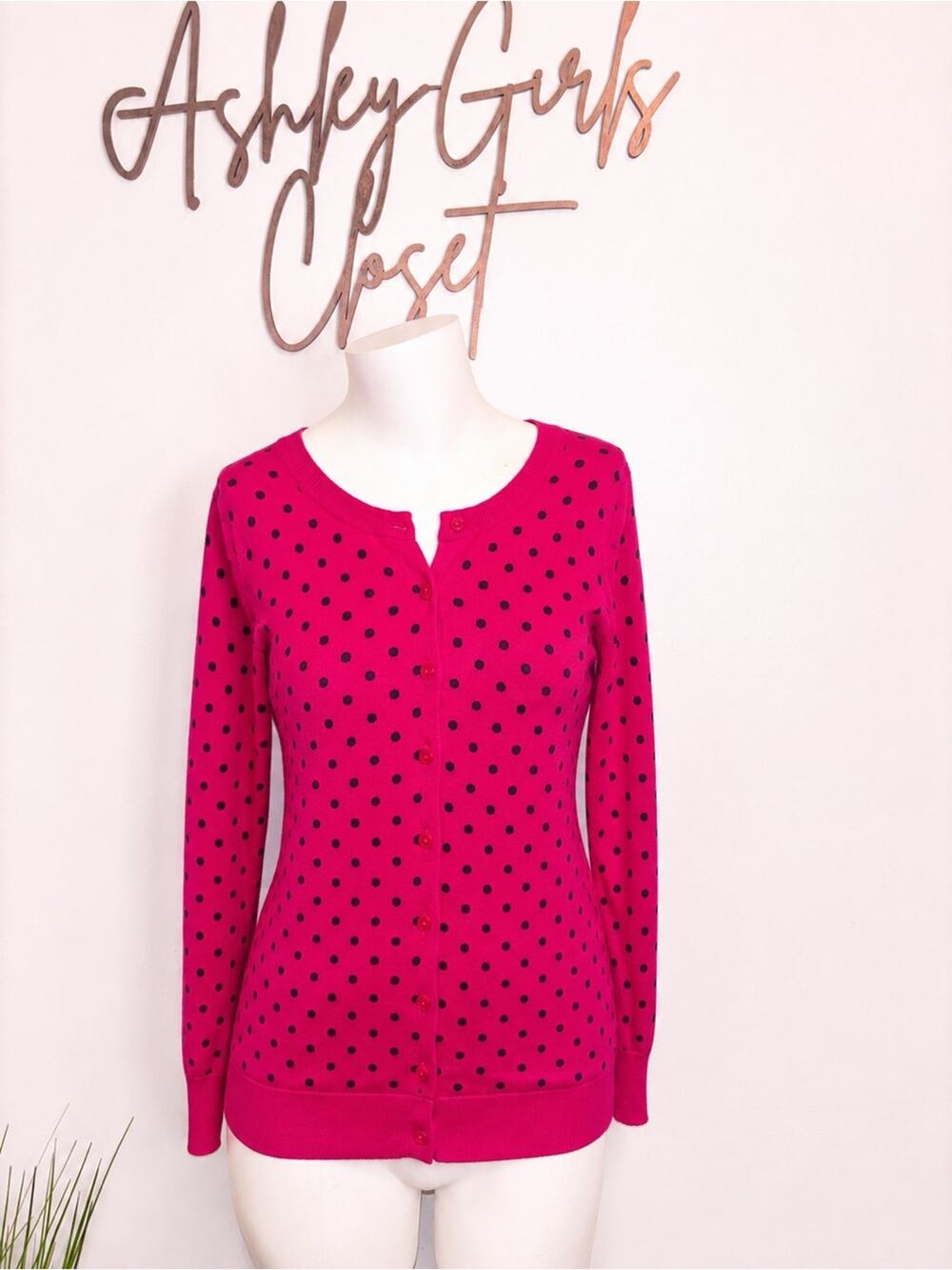 Ellen Tracy Pink & Black Polka Dot Button Front Cardigan Sweater small